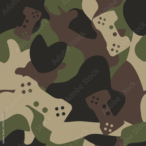 Seamless camo pattern with joystick. Brown, cream, green, black, military, game, tactical, shooting, war. Vector