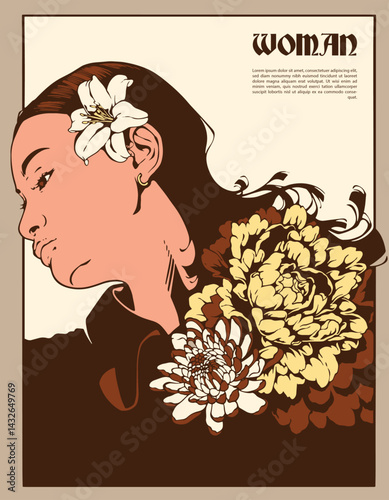 Stylized vector portrait of a woman adorned with large flowers, drawn in a bold vintage poster style. Featuring elegant lines, retro color tones, and a nostalgic 70s art vibe. Perfect for beauty-theme