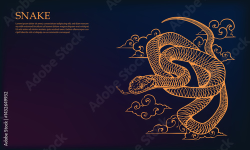 Elegant line art vector of a snake in a traditional Asian style, featuring detailed ornamental patterns and cloud motifs. Perfect for tattoo designs, vintage posters, spiritual artwork, and oriental-t