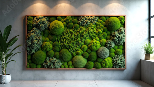 Stylish interior background with decorative painting made of stabilized moss. Interior decor in eco-style.