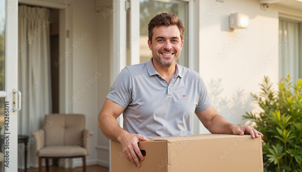 Smiling man carrying cardboard box outside modern house
Smiling man carrying cardboard box outside modern house