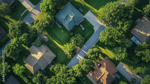 Aerial view of suburban neighborhood with houses surrounded by lush green trees and lawns