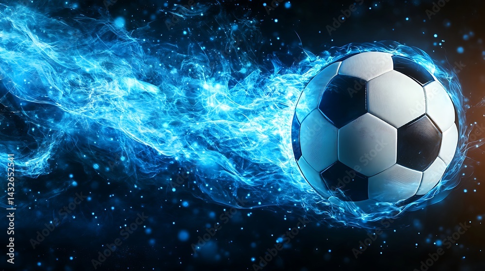 Naklejka premium Soccer Ball White & Black with Blue Energy Trails on Transparent Background