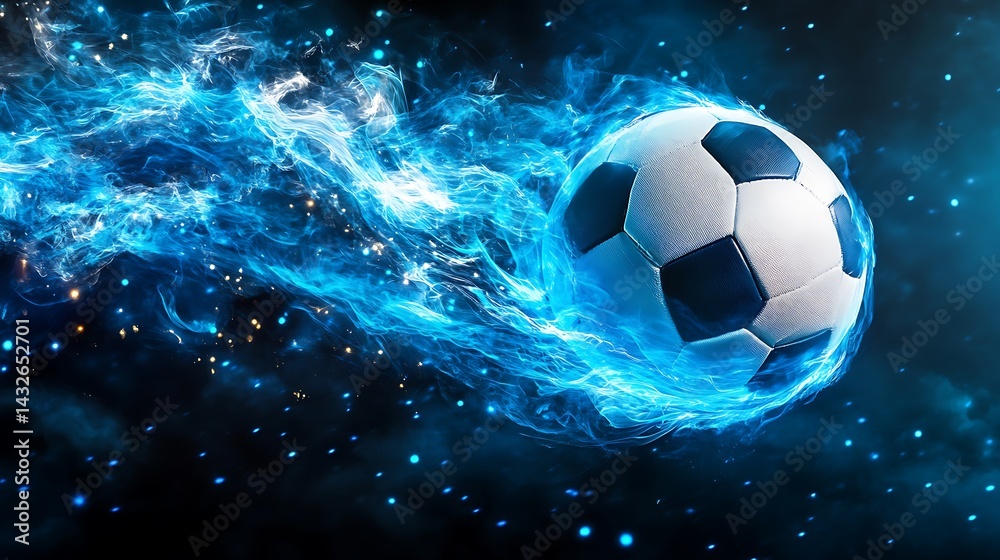 Fototapeta premium Soccer Ball with Blue Energy Trail, Dynamic Motion, Abstract Background, Dark Theme