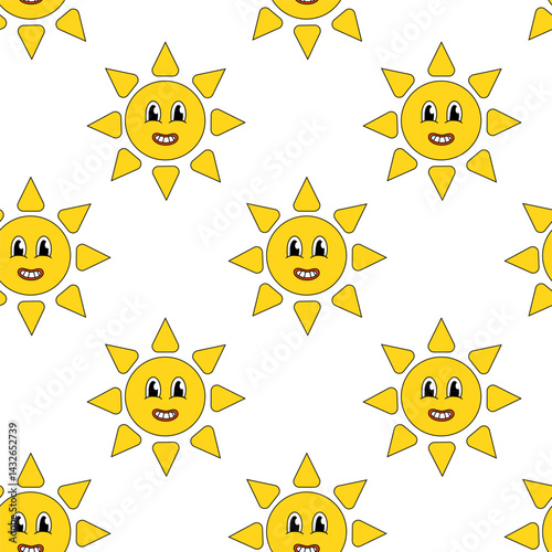 Seamless pattern with Smiling Face Sun. Groovy style. Vector flat illustration.