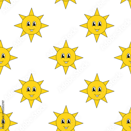 Seamless pattern with Smiling Faces Sun in groovy style. Vector flat illustration.