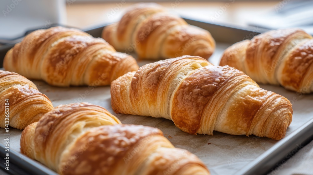 Close-up shot displaying delectable croissants arranged aesthetically on a baking sheet Close-up shot displaying delectable croissants arranged aesthetically on a baking sheet