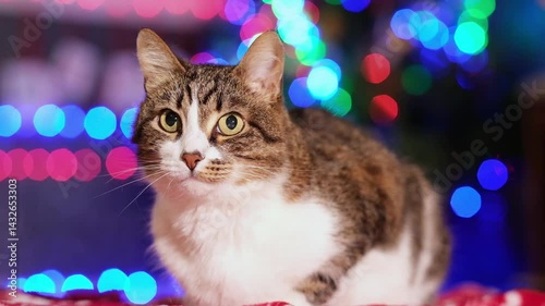 Tabby cat plays against the background of a Christmas tree. New Year's decorations and garlands, festive mood. Kitten meows. Multi-colored bokeh, flashing. High quality FullHD footage