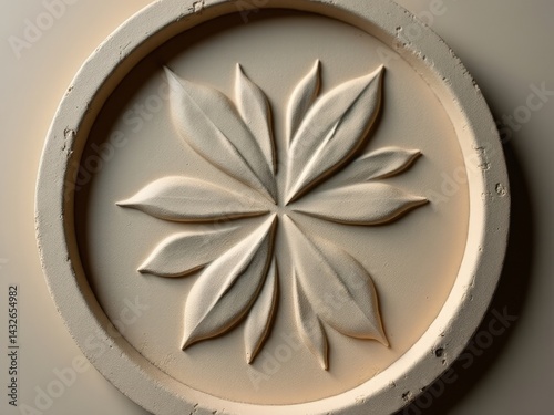 Round, leafy design is carved into a piece of stone. The design is made up of many small leaves making ceramic products with your own hands