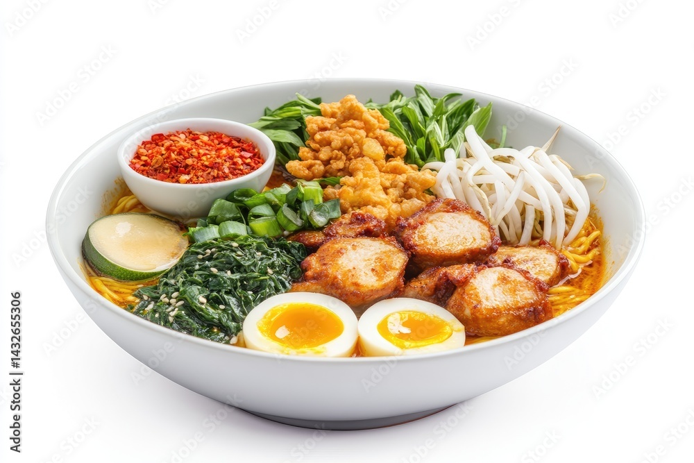 Ramen bowl with chicken, egg, and vegetables Ramen bowl with chicken, egg, and vegetables