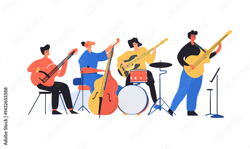 Obraz premium Retro Music Band Instruments Vector: Guitar, Drums, Cello, Saxophone, Electric Guitar
