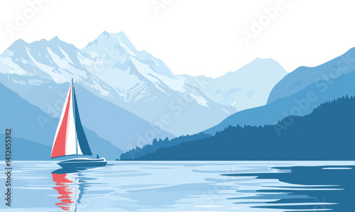 Minimalist Vector of Sailing on Lake Geneva with Swiss Alps Backdrop