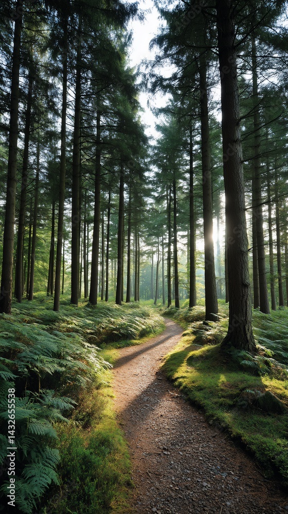 Fototapeta premium Sunlit path through a dense forest. Lush greenery and tall trees