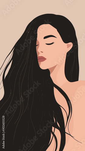 Minimalist Vector Illustration of a Beautiful Woman with Flowing Hair in Elegant Pose