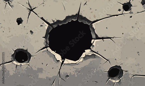 Cartoon Bullet Holes on Damaged Stone or Steel Surface for Military Action Themes