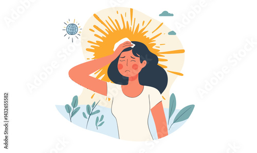 Heat Wave Relief Concept Vector with Flushed Woman Wiping Forehead in SVG Style