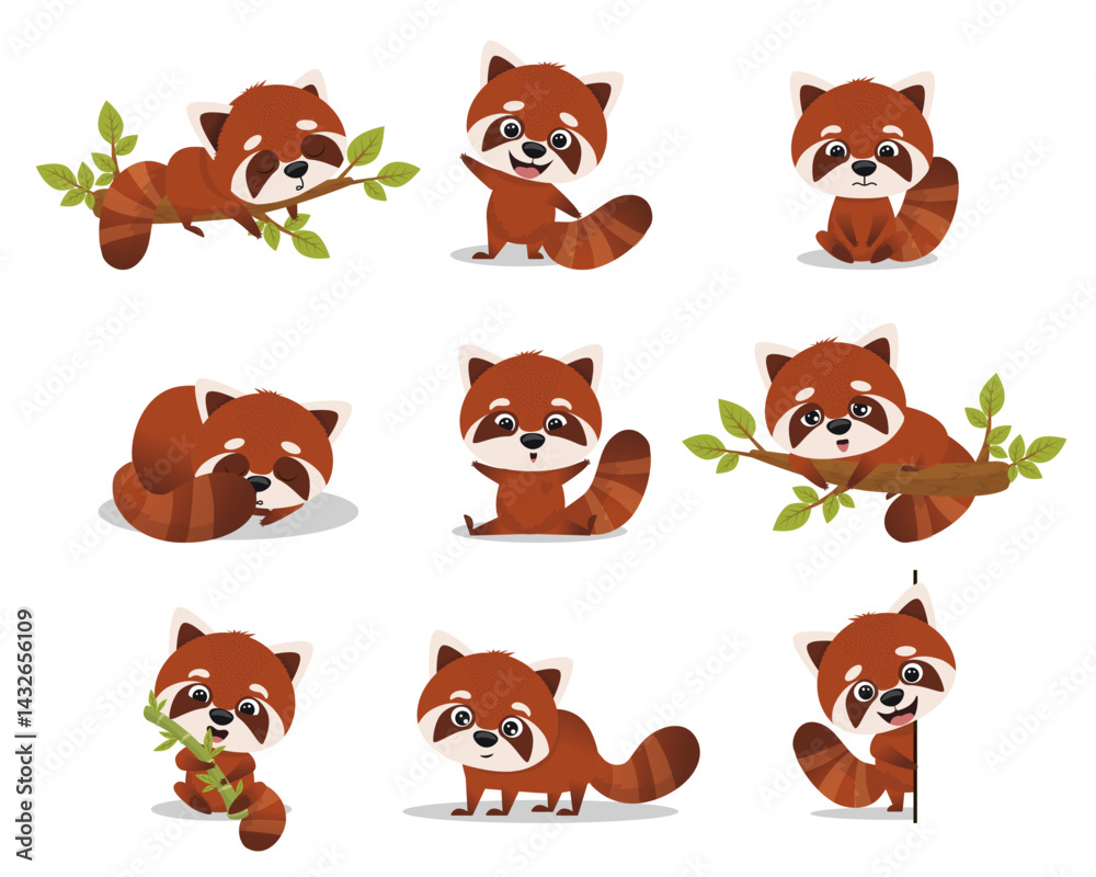Obraz premium Red panda, set of cute animals in different poses. Vector image of red panda illustration. perfect for stickers, clothing prints, coloring books.