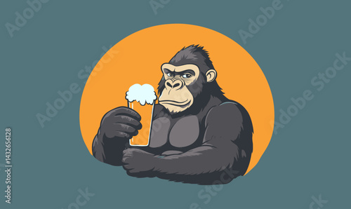 Cartoon Gorilla Holding Cold Beer in Minimalist Vector Style for Fun Celebrations