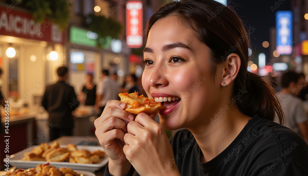 Smiling woman enjoying street food at night market
Smiling woman enjoying street food at night market
