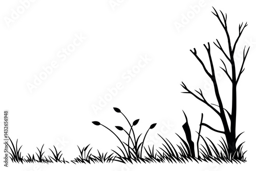 A silhouette vector of grass and a bare tree branch.