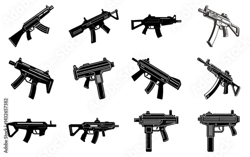 Set of SMG Gun Silhouette Vector Illustrations. Tactical Firearm Graphics. Submachine Gun Design Collection.