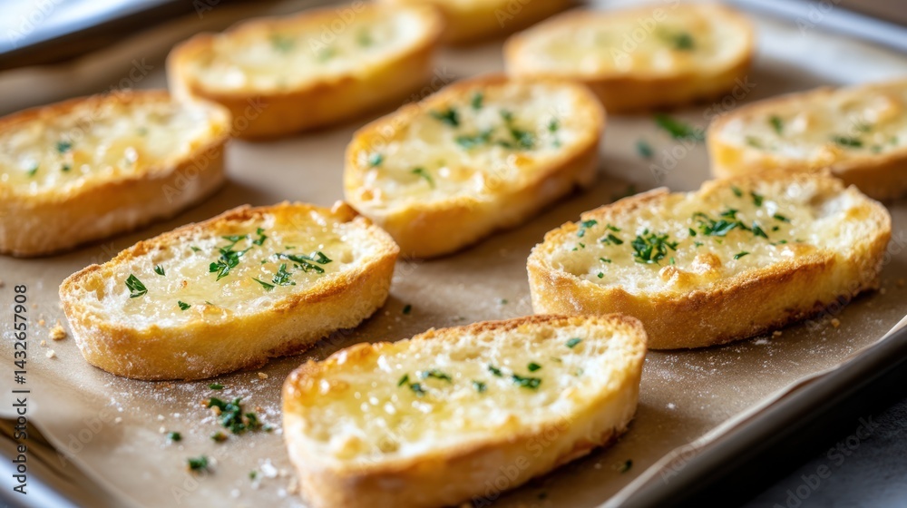 Golden Garlic Bread Crostini Topped with Fresh Parsley on Baking Sheet Golden Garlic Bread Crostini Topped with Fresh Parsley on Baking Sheet