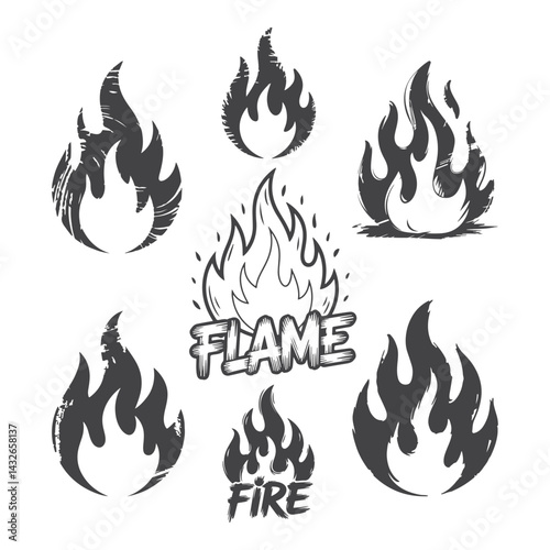 Set of Grunge Fire Flame Icons Vector – Black Ink Brush Style Burning Fire Logo Elements for T-shirt Print, Tattoo, Stickers, and Graphic Design

