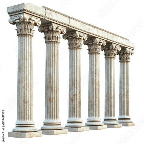  Ancient greek ionic columns lineup Isolated on white and transparent background.