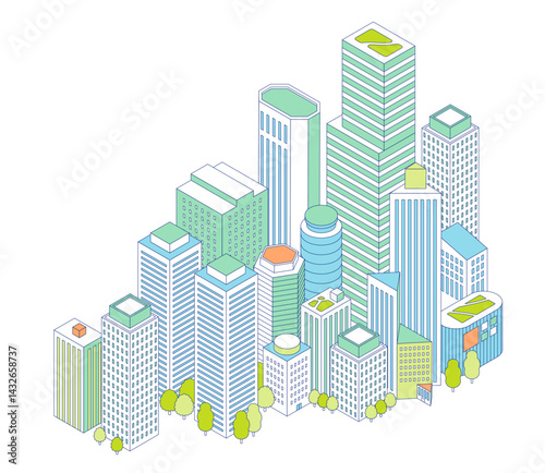 Isometric urban illustration. Urban landscape with skyscrapers. Office and commercial buildings.