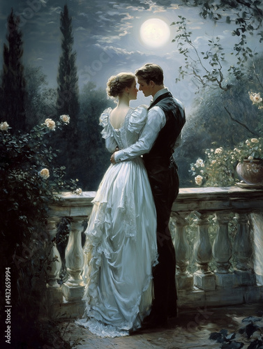 painted illustration of Romantic couple in vintage formal attire embracing under full moonlight in floral garden