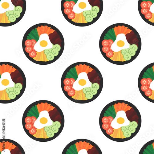 Seamless Pattern. Korean food. Bibimbap. Asian cuisine. Vector flat illustration.