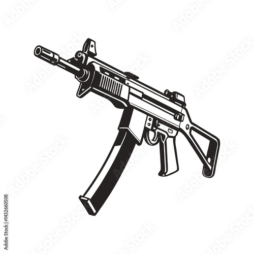 SMG Gun Silhouette Black Vector Illustration. Tactical Submachine Weapon Graphic. Military Firearm Design