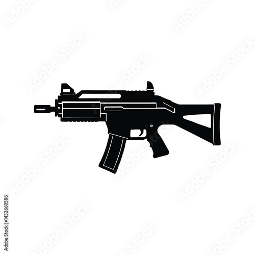 SMG Gun Silhouette Black Vector Illustration. Tactical Submachine Weapon Graphic. Military Firearm Design