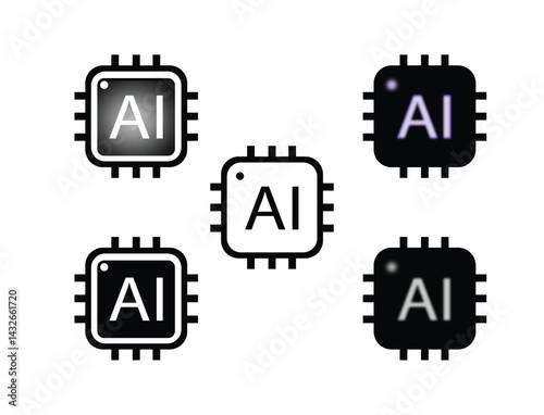 AI Chip Icons – Minimalist Artificial Intelligence Processor Set in Black and White