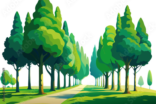 watercolor row of green trees isolated on white background. landscape with trees