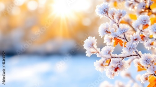 Frosty winter wonderland scene.  Sunlight shines through branches covered in frost