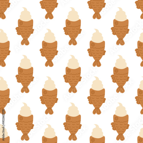 Seamless pattern. Korean bungeoppang fish waffle with ice cream. Vector flat illustration.