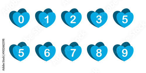 Set of numbers 0 - 9 with heart or love symbol and shadow. Count, numbers, cute, bright, blue, white. Vector