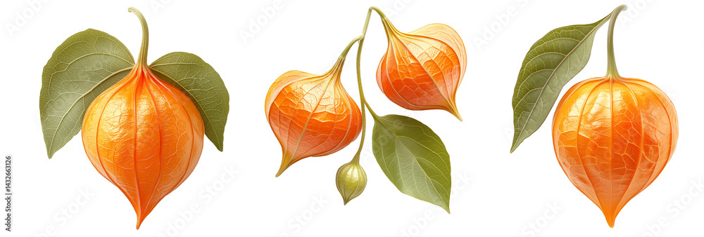 Fototapeta premium Set of orange physalis lantern flowers with delicate veins, isolated on white transparent background. Concept of nature and botanical beauty
