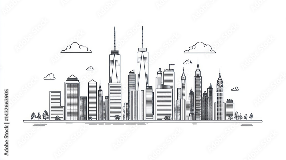 Fototapeta premium NYC Skyline, minimalist line art, city illustration