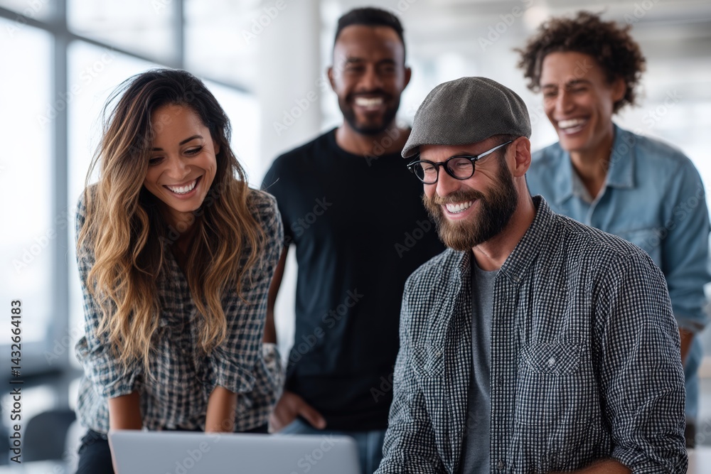 Fototapeta premium Modern office environment with diverse professionals collaborating around a laptop, casual business attire, creative team energy, contemporary workspace