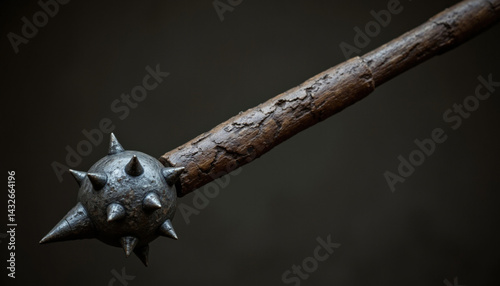 spiked metal flail with wooden handle, showcasing intricate details and rugged texture, evokes sense of historical weaponry