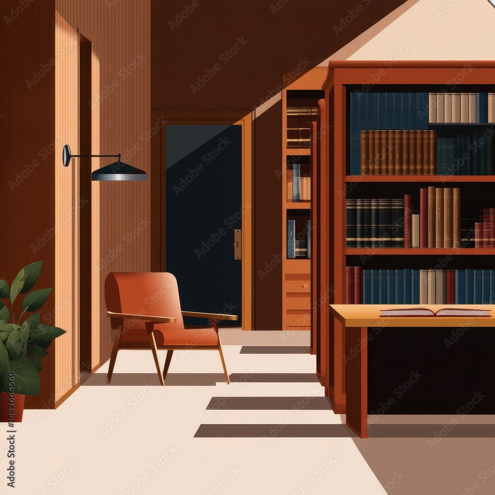 Fototapeta premium Interior view of a sunlit study with comfortable seating.