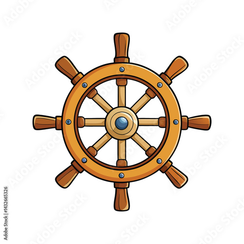 Wooden Ship Wheel Vector Illustration, Nautical Steering Helm Clipart for Marine Design, Vintage Boat Navigation Art
