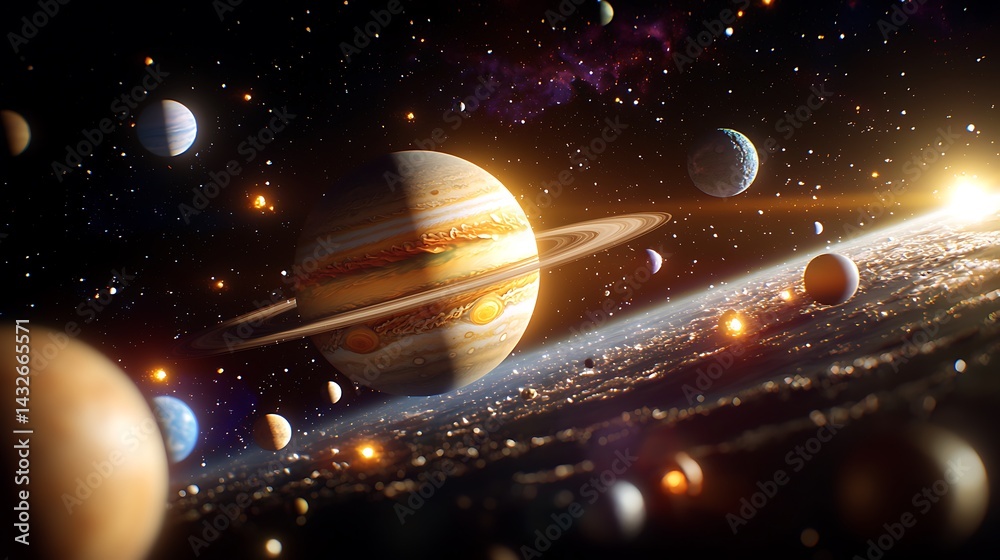 Naklejka premium Detailed Colorful Illustration of Planets Moons and Stars in Outer Space