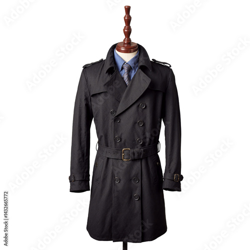 Black wool trench coat with double breasted buttons and belt tie clothing display transparent background isolated png stock