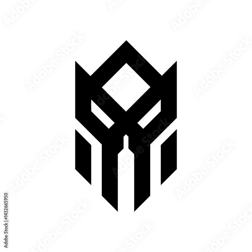Geometric robot skull logo. Gaming, esport, symmetrical, black, sharp lines, eyes, hard. Vector