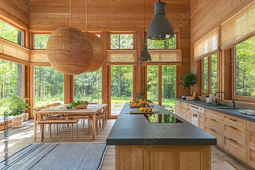 Spacious kitchen interior design natural light wooden island