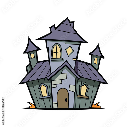 Destroyed Haunted House Vector Illustration, Abandoned Mansion Clipart, Creepy Architecture and Horror Design Art