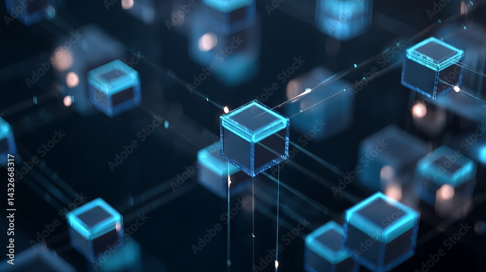 Abstract Blockchain Technology Integration in Modern Business, Interconnected Digital Blocks and Data Nodes, Futuristic Network Visualization with Glowing Cryptocurrency Elements, Cybersecurity and De Abstract Blockchain Technology Integration in Modern Business, Interconnected Digital Blocks and Data Nodes, Futuristic Network Visualization with Glowing Cryptocurrency Elements, Cybersecurity and De